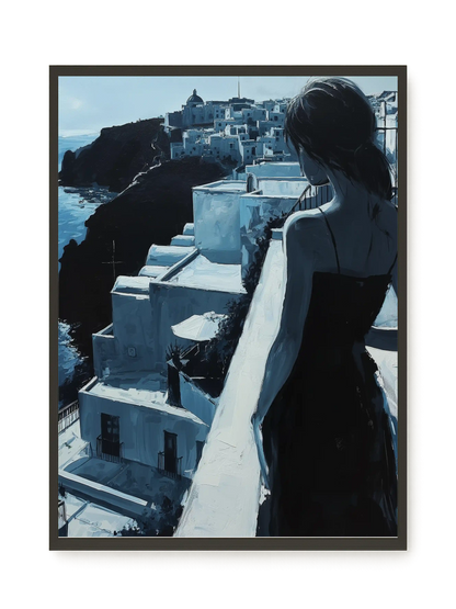 Woman Overlooking White Coastal Town Canvas Print