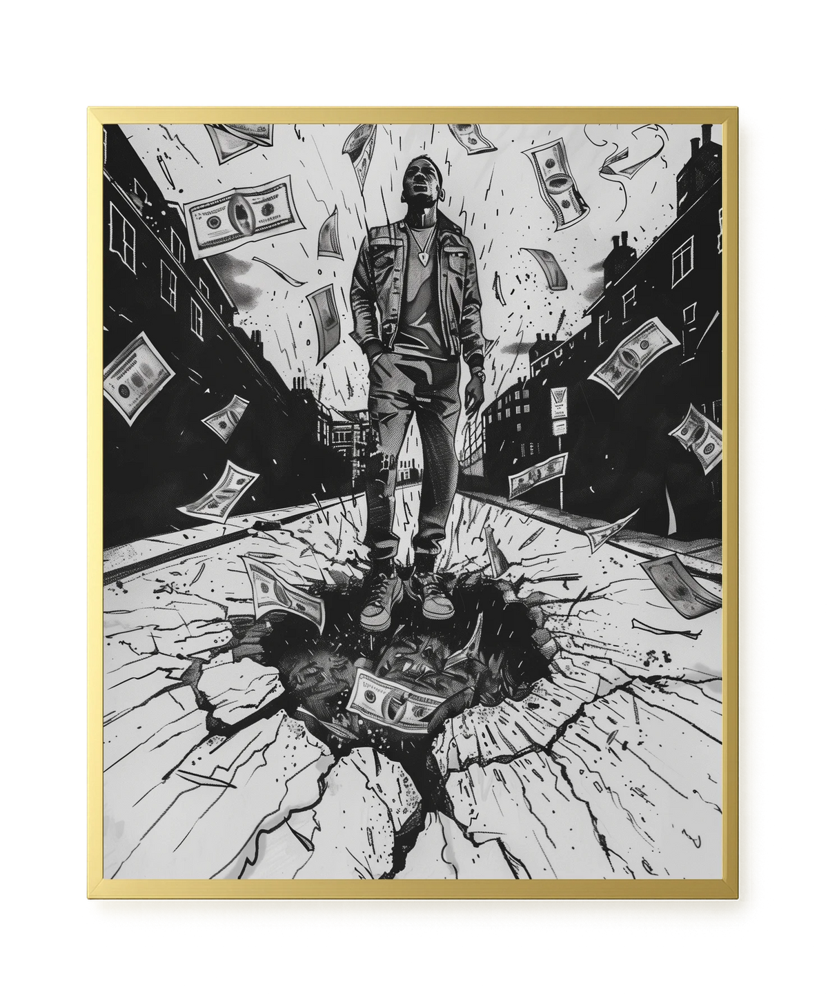 Man Surrounded by Falling Money Canvas Wall Art