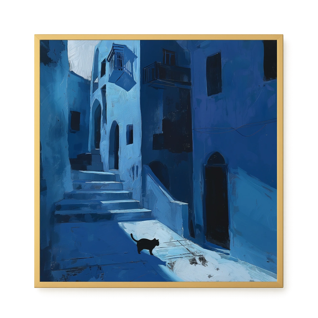 Blue Night Passage with Cat Canvas Wall Art