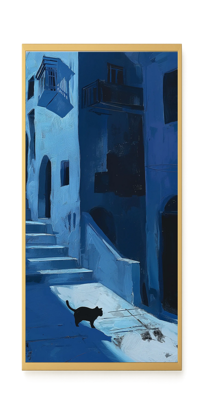 Blue Night Passage with Cat Canvas Wall Art