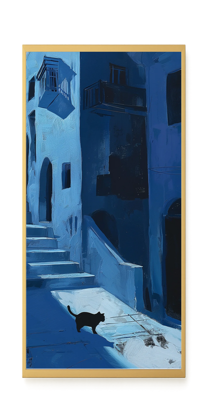 Blue Night Passage with Cat Canvas Wall Art