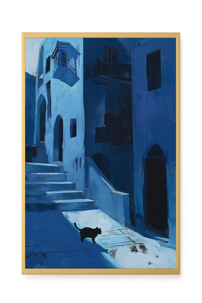 Blue Night Passage with Cat Canvas Wall Art