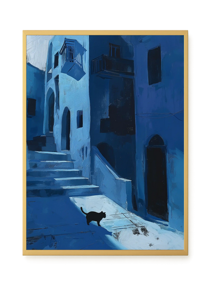 Blue Night Passage with Cat Canvas Wall Art