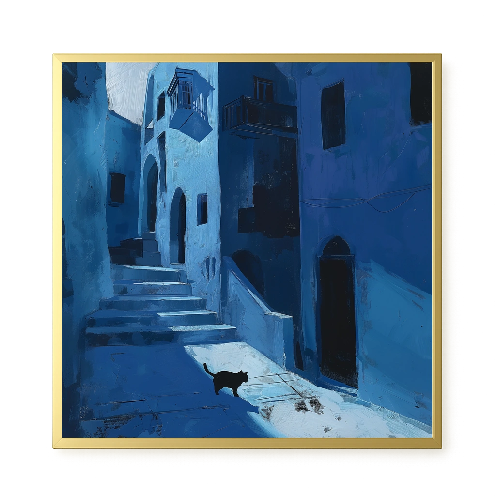 Blue Night Passage with Cat Canvas Wall Art