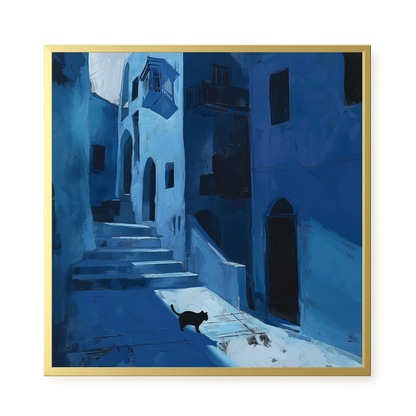 Blue Night Passage with Cat Canvas Wall Art