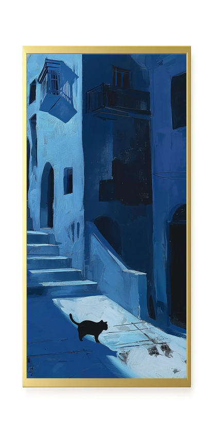 Blue Night Passage with Cat Canvas Wall Art