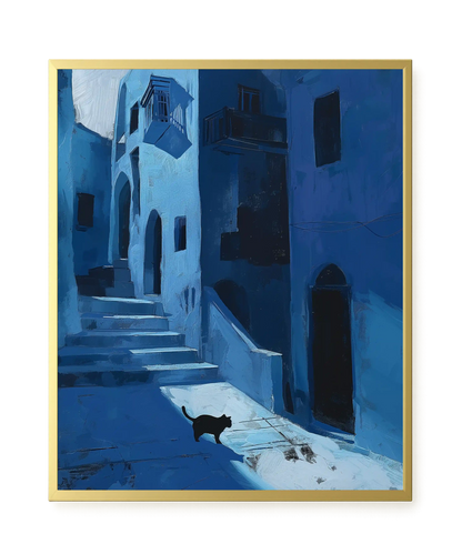 Blue Night Passage with Cat Canvas Wall Art
