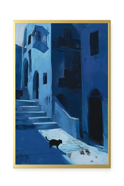 Blue Night Passage with Cat Canvas Wall Art