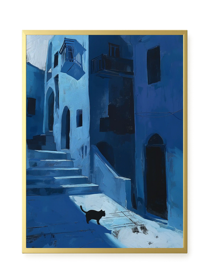 Blue Night Passage with Cat Canvas Wall Art