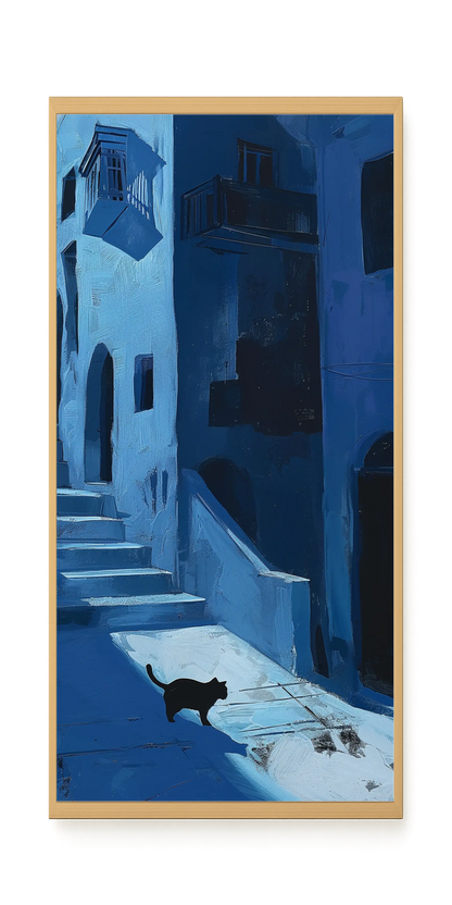 Blue Night Passage with Cat Canvas Wall Art
