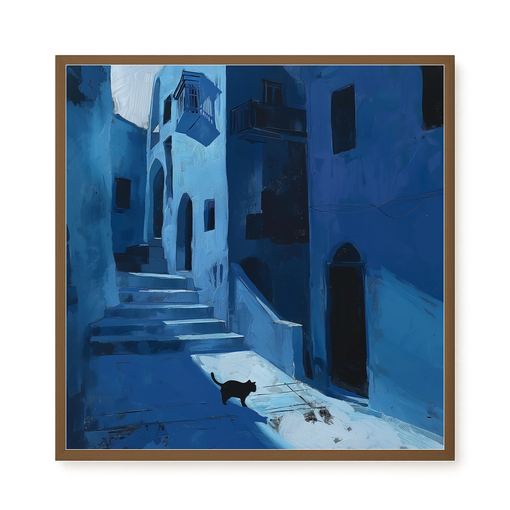 Blue Night Passage with Cat Canvas Wall Art