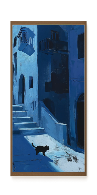 Blue Night Passage with Cat Canvas Wall Art