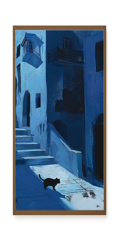 Blue Night Passage with Cat Canvas Wall Art