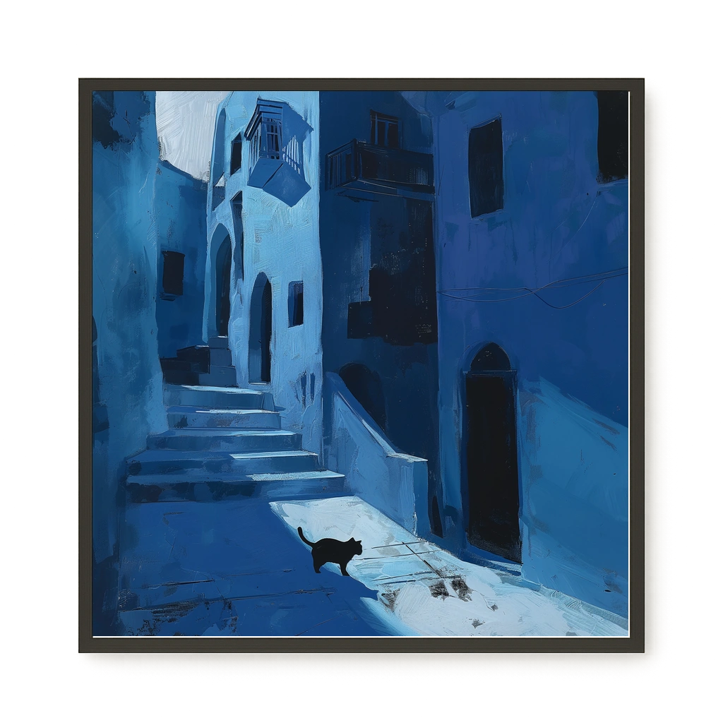 Blue Night Passage with Cat Canvas Wall Art