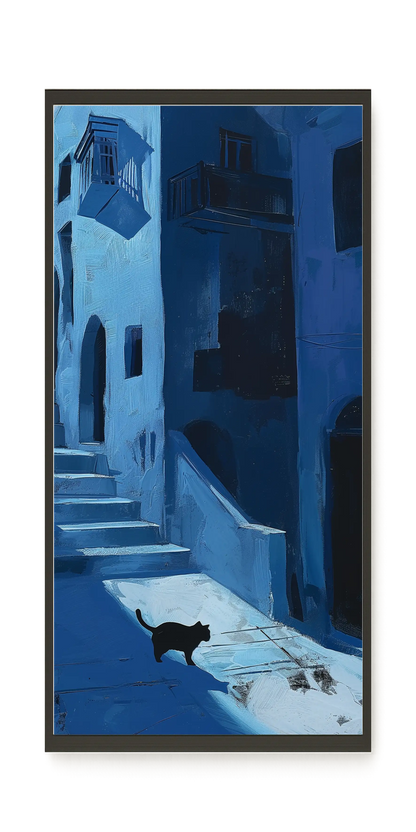 Blue Night Passage with Cat Canvas Wall Art