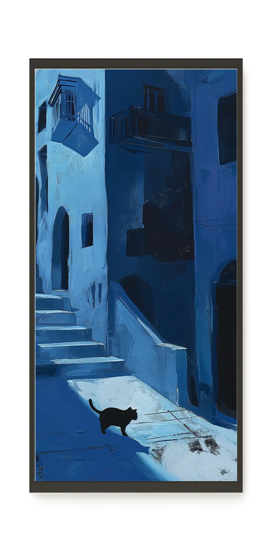 Blue Night Passage with Cat Canvas Wall Art