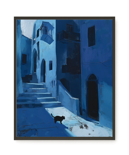 Blue Night Passage with Cat Canvas Wall Art