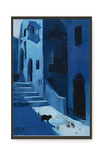 Blue Night Passage with Cat Canvas Wall Art