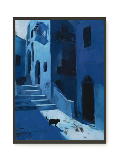 Blue Night Passage with Cat Canvas Wall Art